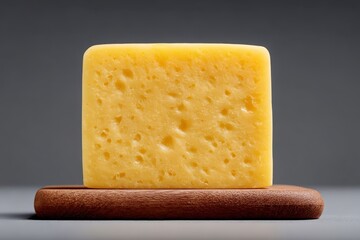 Fresh cheddar cheese block sitting elegantly on a charming wooden board against a neutral backdrop. National Cheddar Day