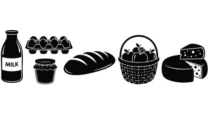 A black and white illustration of various food items on transparent background