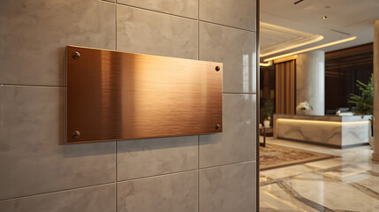 Luxury Copper Signage Mockup on Marble Wall in Modern Hotel Lobby
