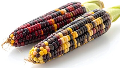 Two ears of colorful ornamental corn on white background.
