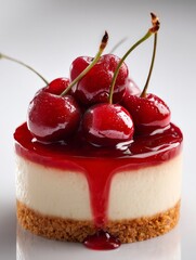 Delicious cherry cheesecake topped with sweet cherry sauce. This dessert is visually appealing and perfect for any occasion. Treat yourself or guests with this delight. Generative AI
