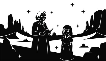 A silhouette of an adult and child standing together in a desert landscape
