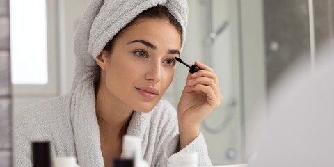 A woman applies mascara in a bright modern bathroom. She exudes confidence and beauty. Skincare and makeup routines are essential for self-expression. Generative AI