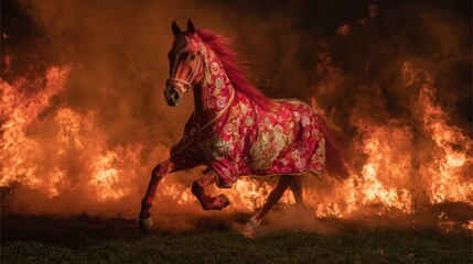 A magnificent horse gallops through intense flames. The vibrant red and floral pattern on its coat adds a surreal touch. Experience the fiery beauty and powerful imagery. Generative AI