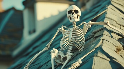 Skeleton sits on a rooftop