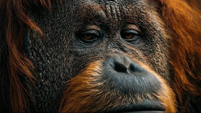 Extreme close-up portrait of an orangutan face with detailed skin texture and expressive soulful eyes