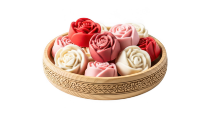 A wooden bowl filled with colorful roses on transparent background