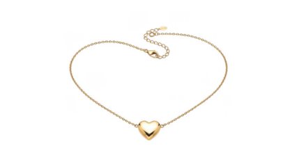 Elegant gold heart shaped necklace on a delicate chain isolated on transparent background