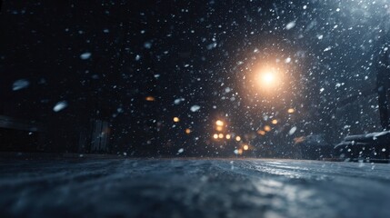 Naklejka premium Close-up view of a street covered in snow at night with blurred lights and snowflakes. The focus is on the textured ground