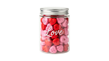A glass jar filled with assorted pink and red candies isolated on transparent background