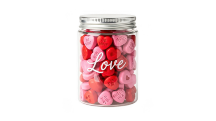 A glass jar filled with assorted pink and red candies isolated on transparent background