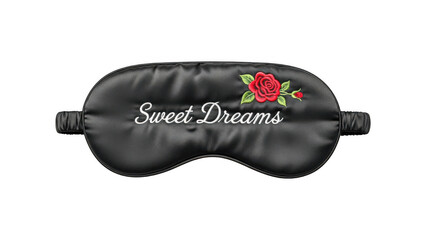 Black satin sleep mask with sweet dreams text and red rose design isolated on transparent background
