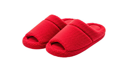 A pair of red fuzzy slippers on transparent background for comfort