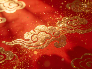 premium red textile with embroidered dragon and cloud symbols macro detail