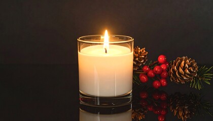 Candle with Holiday Decor on Dark Background &ndash; Warm Christmas Atmosphere
