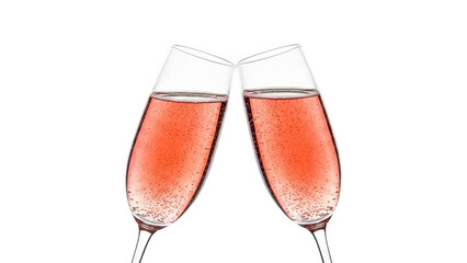 Two champagne flutes filled with pink bubbly liquid isolated on transparent background
