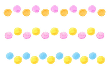 手描き水彩の水玉装飾ライン3本セット（ピンク&times;オレンジ・ピンク&times;黄色・黄色&times;水色） /
Hand Painted Watercolor Polka Dot Decorative Line Set in Pastel Colors