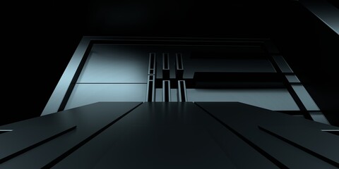 3d rendering of white neon glowing spaceship corridor hallway dark background. Scene for advertising, showroom, technology, future, modern, E sport, game, garage. Sci Fi Illustration. Product display