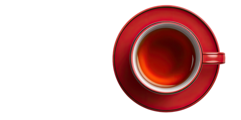 Top-down view red cup of tea on saucer against black