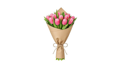Bouquet of pink tulips wrapped in brown paper isolated on transparent background