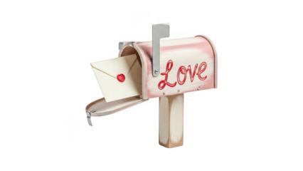 A pink mailbox with love written on it and an envelope sticking out isolated on transparent background