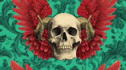 A skeletal skull with horns and vibrant red wings on a patterned teal background with an ornate, vintage feel