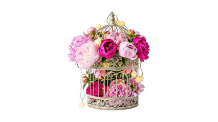 Vintage birdcage filled with colorful pink and purple flowers isolated on transparent background