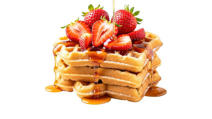 A stack of waffles with strawberries and syrup on top isolated on transparent background