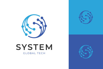 System Global Technology Logo Icon Design. Digital Network Circuit Combined With Circular Globe Symbol For IT Company And Tech Startup Branding