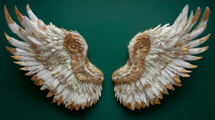 Fototapeta premium Two ornate, symmetrical wing sculptures with gold accents rest against a dark green backdrop, creating a striking contrast