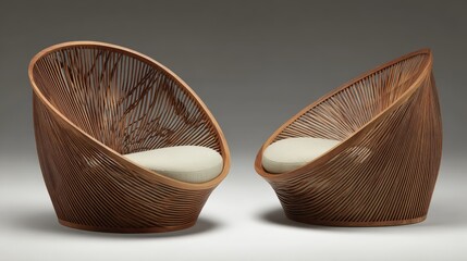 Pair of modern, intricately designed wooden lounge chairs shown against a neutral background