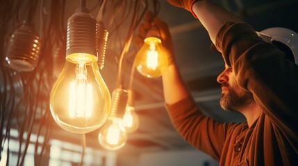 Worker installs modern light fixtures indoors.