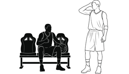 A basketball player stands on the sidelines in silhouette mode looking concerned