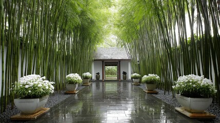Tall green bamboo stalks line a damp pathway leading toward a traditional arched entryway