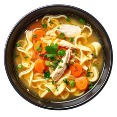 Nourishing chicken noodle soup in a dark bowl, showcasing tender chicken, spiral noodles, and green herbs in a steamy, comforting broth.