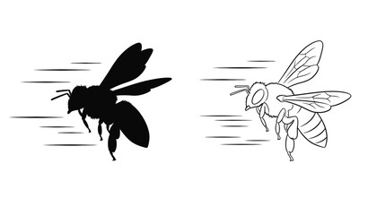 A black and white illustration of a flying bee in silhouette mode