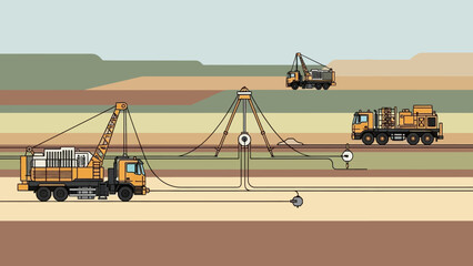 Seismic Surveying: A graphic representation of a seismic survey in progress, illustrating the deployment of equipment across a landscape to gather geological data.
