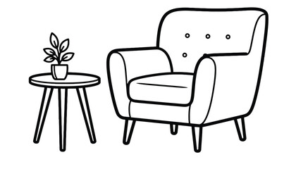 A simple line drawing of a chair and small table with a plant silhouette