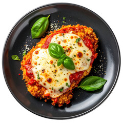 Hearty chicken parmigiana meal on a dark plate, featuring a cheese-topped chicken cutlet with a side of pasta and fresh green salad.