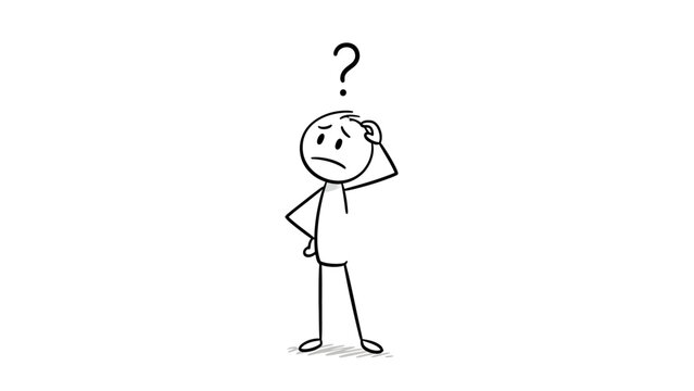 Confused stick figure man scratching his head with a question mark, indicating uncertainty, isolated white background