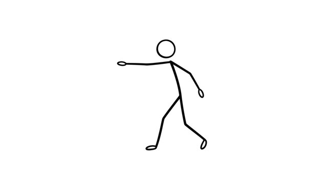 Stick figure man pointing forward with one arm, directing, guiding, or instructing on an an isolated white background.