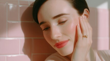 Woman gently touches her cheek while leaning against a pink tiled surface bathed in soft sunlight