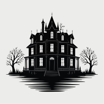 Haunted Mansion Silhouette At Night Under Moonlight.