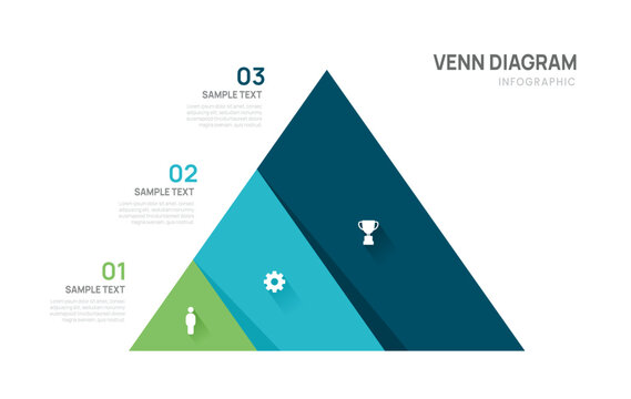 Venn diagram business infographic pyramid chart template 3 steps options, presentation with triangle elements vector illustration.