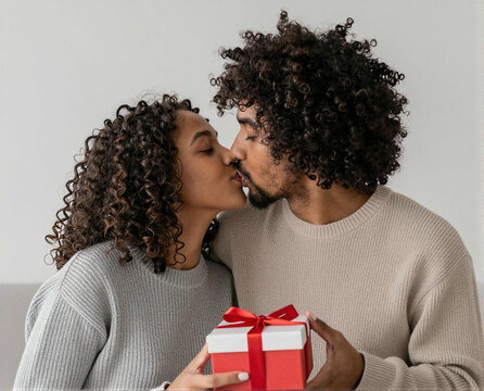 African American woman man couple happy love happiness present surprise romantic smiling together girlfriend boyfriend