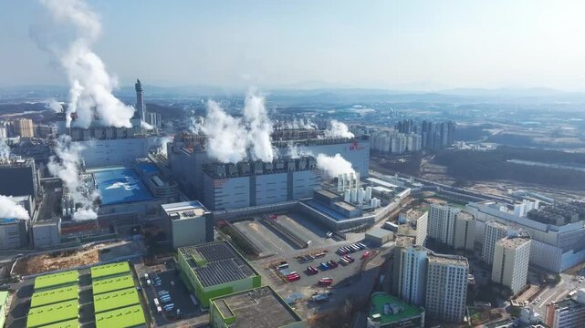 Aerial view over semiconductor manufacturing plant in Icheon City, South Korea