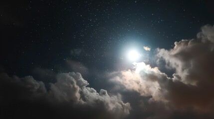 Obraz premium A luminous celestial body glows brightly, veiled by dark clouds, set against a twinkling, starry expanse. A dramatic nighttime sky