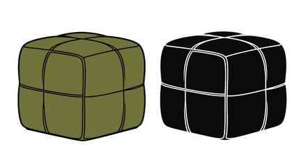 Two poufs in olive green and black with grid pattern silhouette
