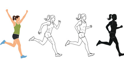 A woman in different running poses, from colorful to silhouette mode