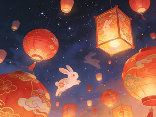 warm floating lantern lights on starry night background for holiday event design